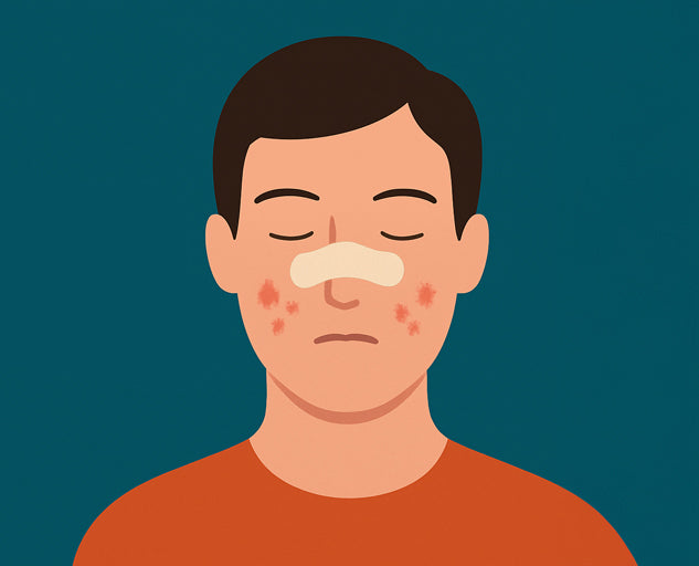 Minimalistische Illustration eines Mannes mit Nasenpflaster und Hautirritationen im Gesicht als Vorschaubild für einen Blogartikel über Nebenwirkungen von Nasenpflastern.