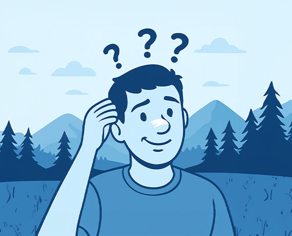 Blaue Vektorillustration zu „Wie lange Nasenpflaster anwenden?“ – Mann mit Nasenpflaster, lächelnd und leicht verwirrt, mit Fragezeichen über dem Kopf