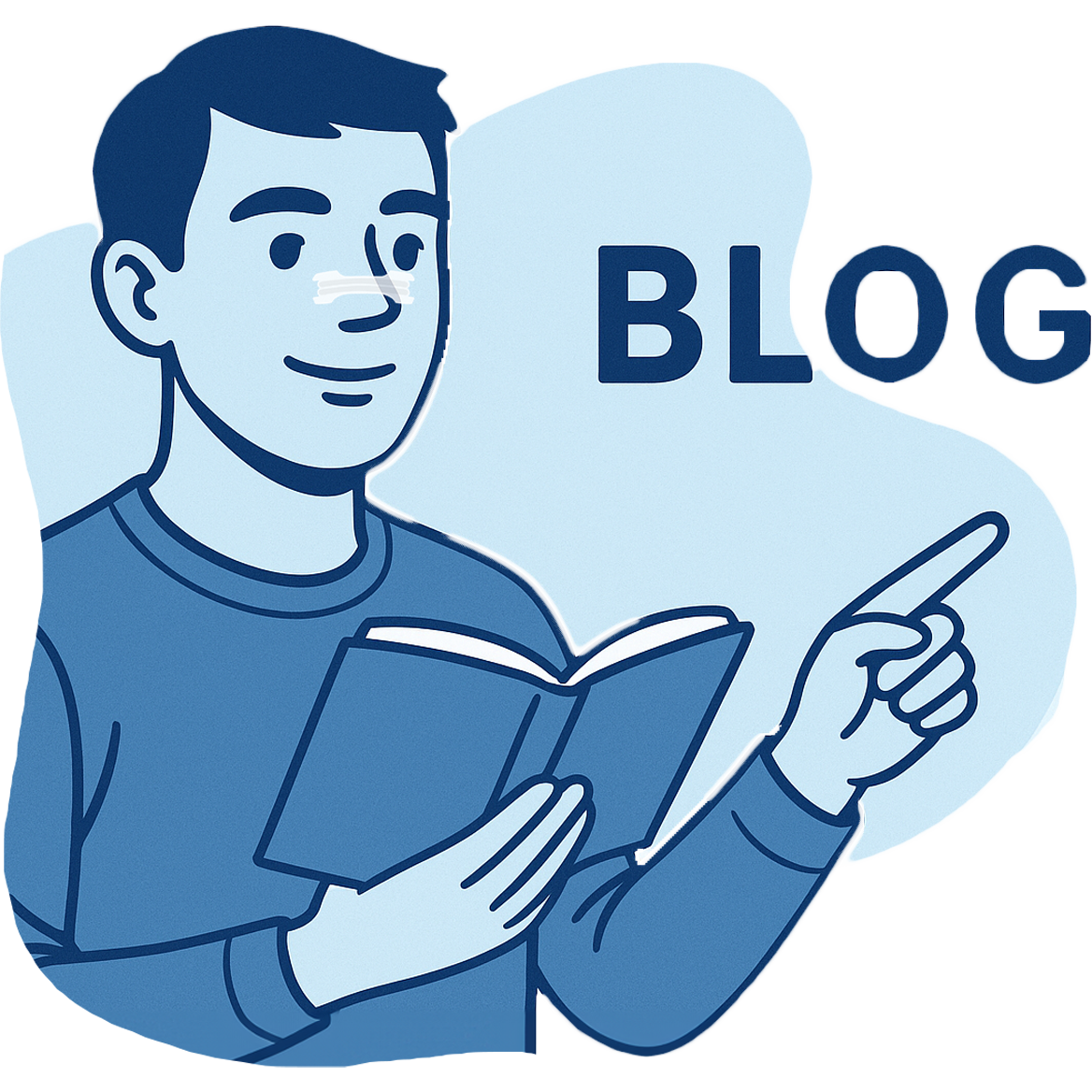 Illustration eines lächelnden Mannes mit Nasenpflaster, der ein Buch hält und auf das Wort „BLOG“ zeigt – Symbolbild für den AirStripes Blog über Nasenpflaster, Anwendungstipps und Hintergrundwissen.