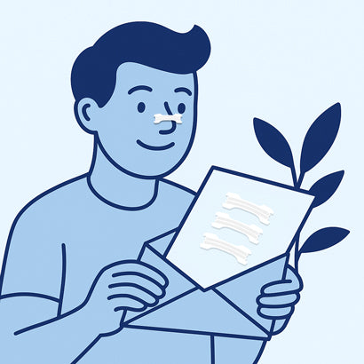 Person öffnet Briefumschlag mit Nasenpflastern – steht für umweltfreundliche, kompakte Verpackung