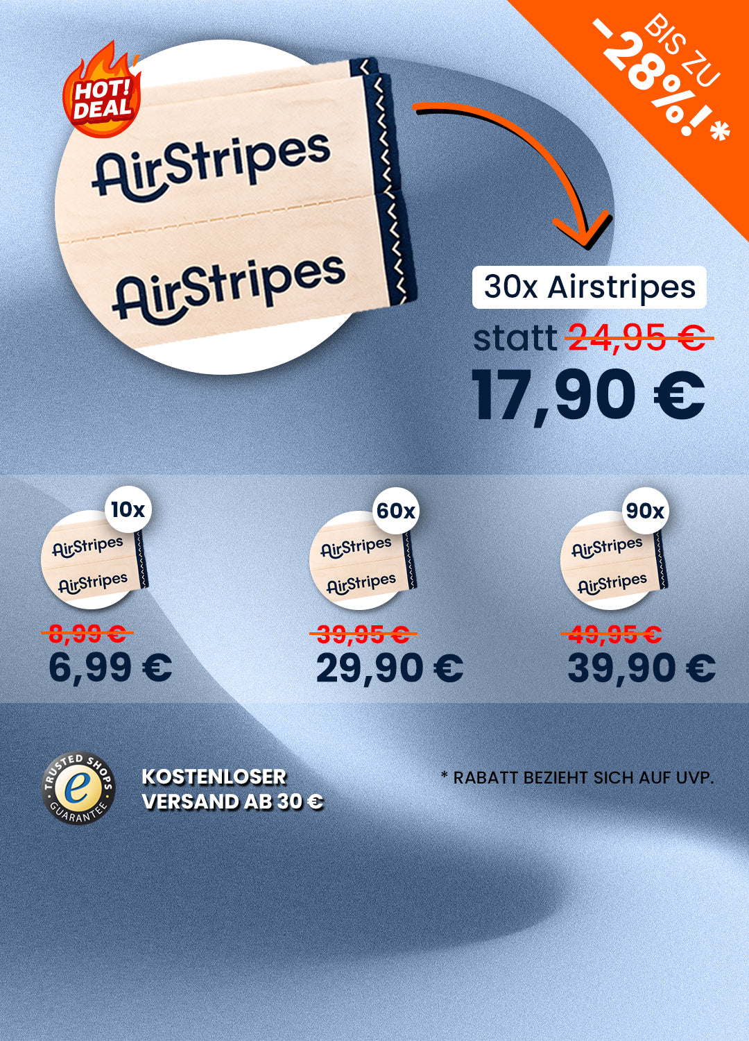 Mobile Übersicht der Airstripes Nasenpflaster-Angebote: 10er Pack für 6,99 €, 30er Hot Deal für 17,90 €, 60er für 29,90 €, 90er für 39,90 €. Bis zu 28 % Rabatt und kostenloser Versand ab 30 €.