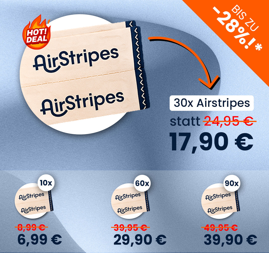 Mobile Übersicht der Airstripes Nasenpflaster-Angebote: 10er Pack für 6,99 €, 30er Hot Deal für 17,90 €, 60er für 29,90 €, 90er für 39,90 €. Bis zu 28 % Rabatt und kostenloser Versand ab 30 €.