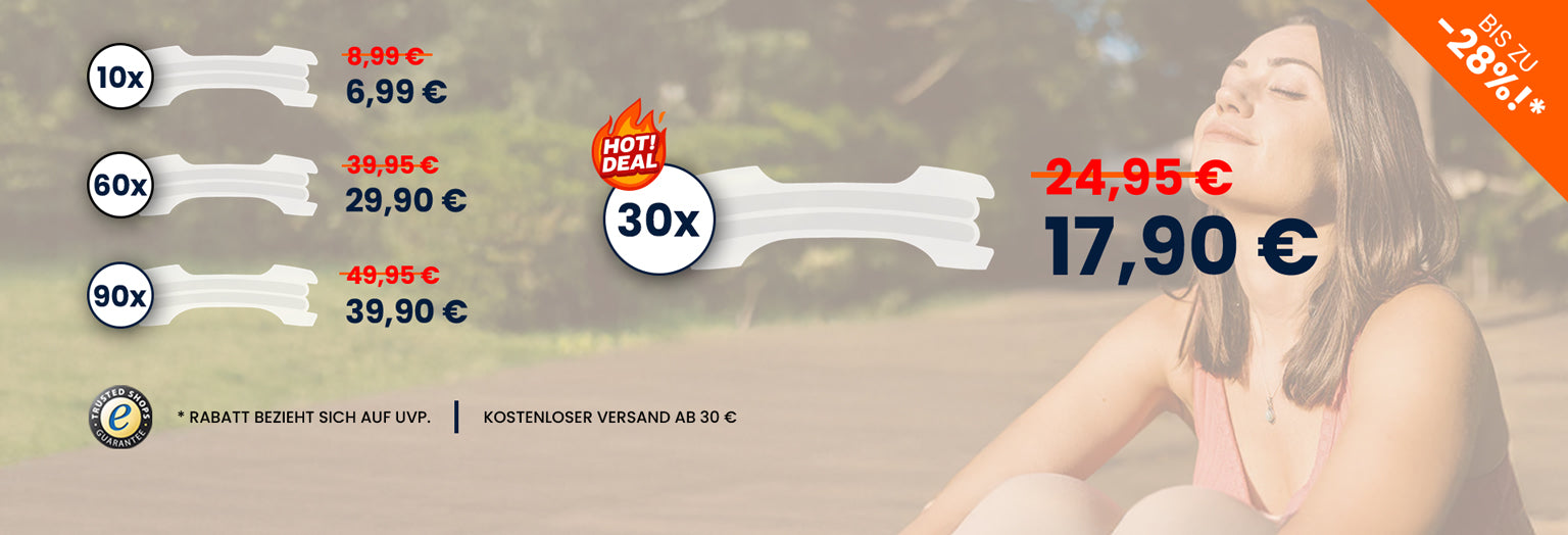 Angebotsübersicht für Airstripes Nasenpflaster in 10er, 30er, 60er und 90er Packungen – bis zu 28 % Rabatt, Hot Deal für 30er Packung für 17,90 €, inklusive Trusted Shops Garantie und kostenlosem Versand ab 30 €