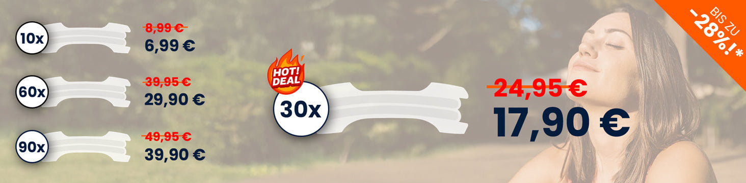 Angebotsübersicht für Airstripes Nasenpflaster in 10er, 30er, 60er und 90er Packungen – bis zu 28 % Rabatt, Hot Deal für 30er Packung für 17,90 €, inklusive Trusted Shops Garantie und kostenlosem Versand ab 30 €