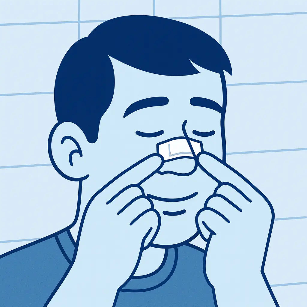 Minimalistische blaue Vektorillustration eines Mannes, der sich ein transparentes Nasenpflaster auf die Nase drückt, im AirStripes-Stil mit ruhiger Mimik und klarem Hintergrund