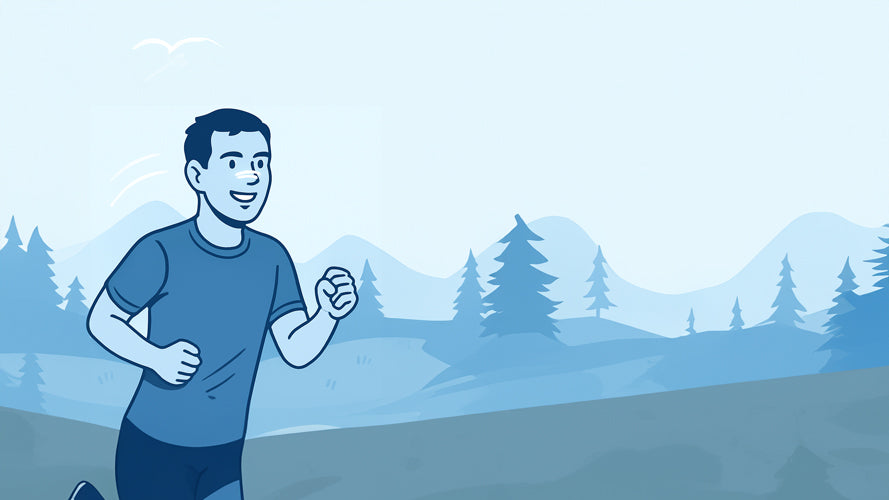Illustration eines joggenden Mannes mit Nasenpflaster in blauer Berglandschaft – Symbolbild für sportliche Aktivität mit AirStripes Nasenpflastern.