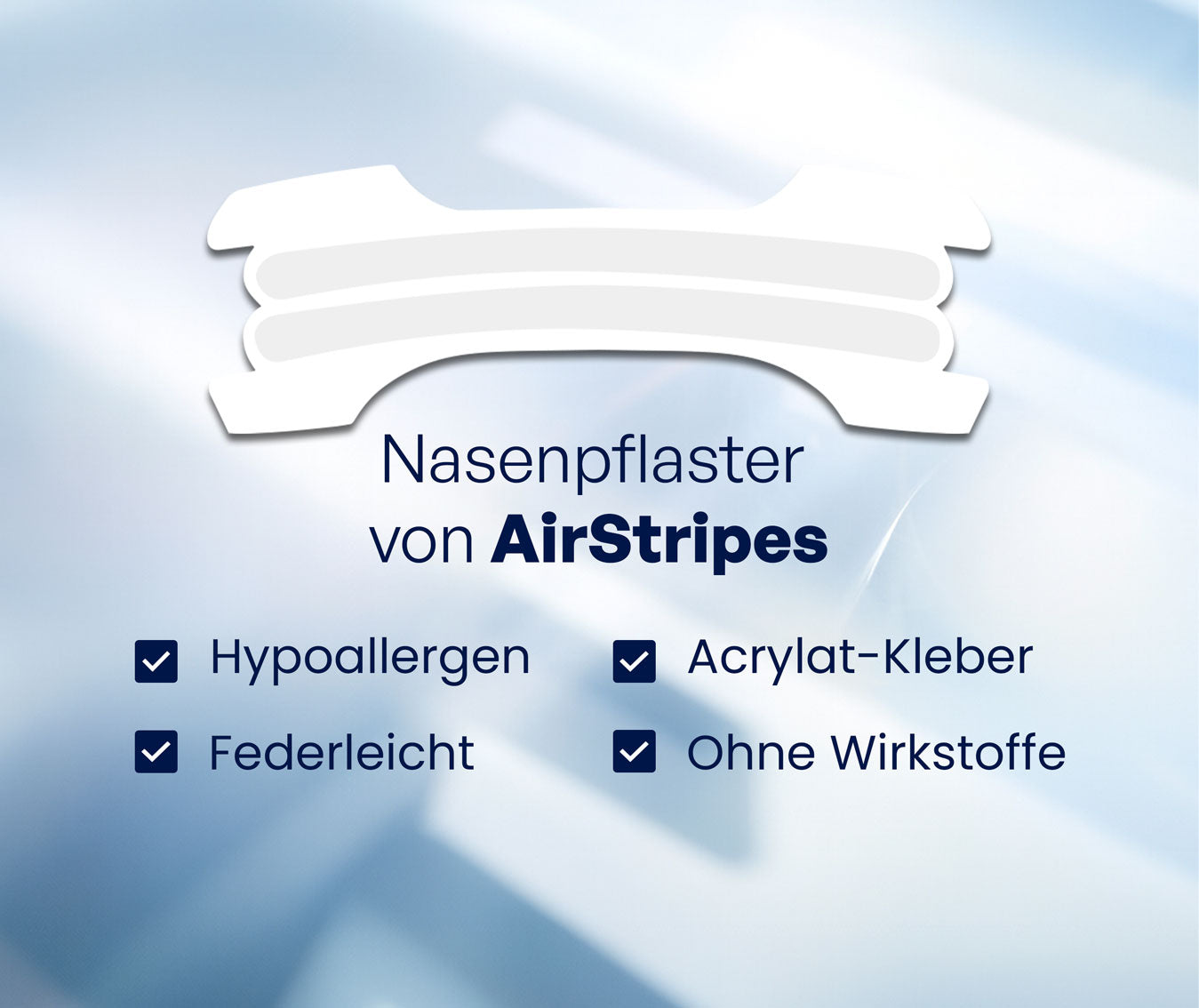 Grafik eines AirStripes Nasenpflasters vor blau-weißem Hintergrund mit den Eigenschaften hypoallergen, federleicht, Acrylat-Kleber und ohne Wirkstoffe.