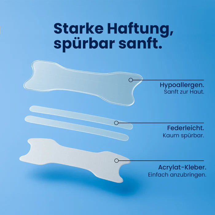 Illustration eines Airstripes Nasenpflasters mit Beschriftung: hypoallergen, federleicht und mit Acrylat-Kleber – Aufbau des Nasenpflasters im Detail erklärt.