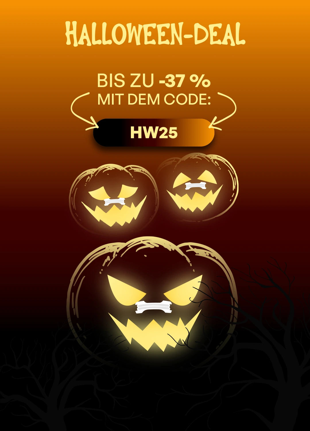 Halloween-Grafik mit Kürbissen und AirStripes-Nasenpflastern – transparente Nasenpflaster AirStripes jetzt im Halloween-Deal mit bis zu 37 % Rabatt und dem Code HW25. Angebot gültig bis 05.11.2025.