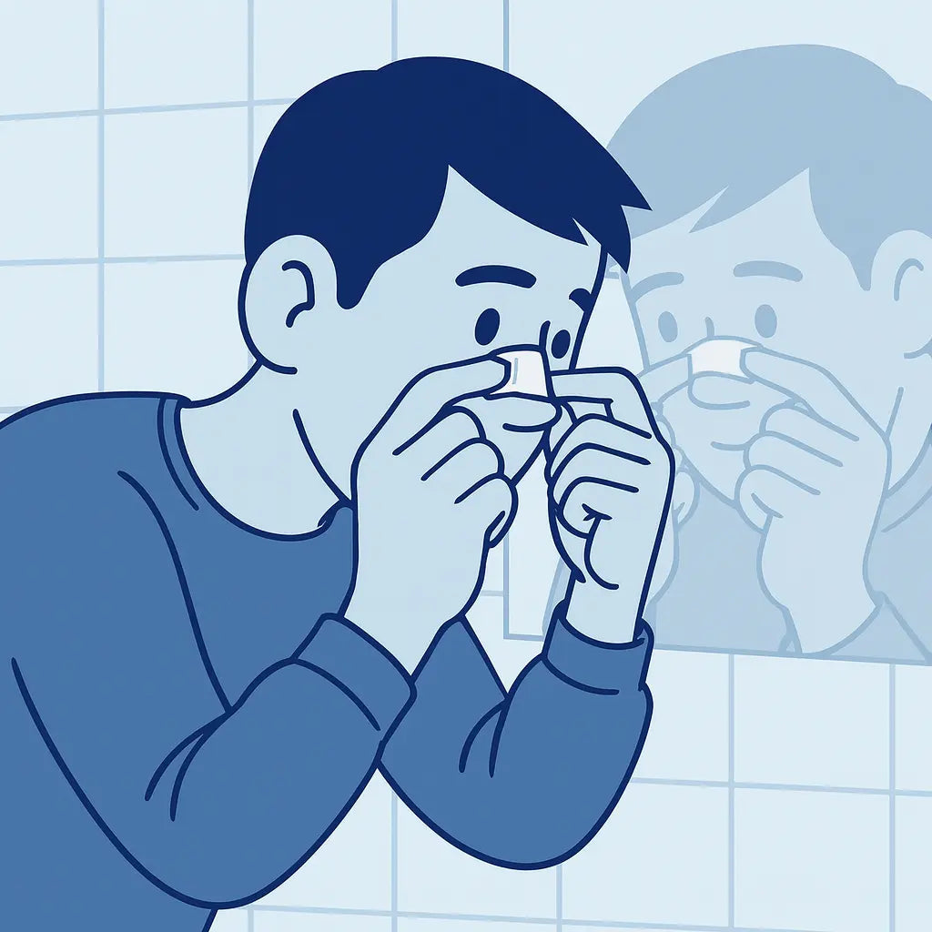 Minimalistische blaue Vektorillustration eines Mannes, der vor dem Spiegel steht und sich ein transparentes Nasenpflaster auf die Nase klebt, im AirStripes-Stil