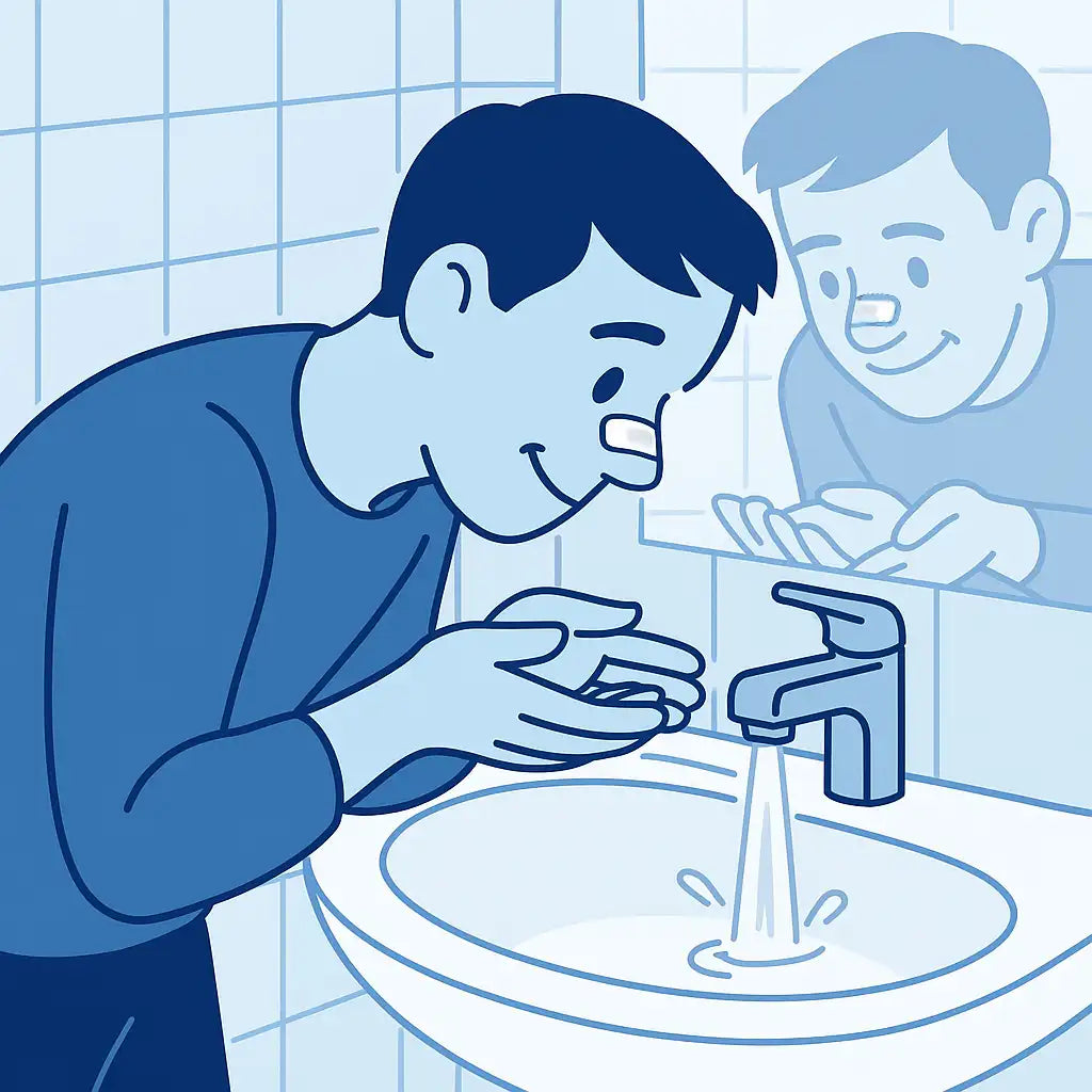 Minimalistische blaue Vektorillustration eines Mannes mit transparentem Nasenpflaster, der sich im Badezimmer über dem Waschbecken das Gesicht wäscht, im AirStripes-Stil