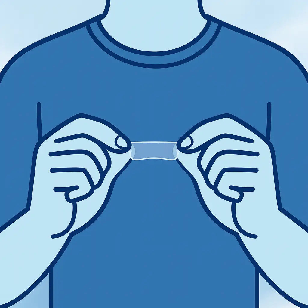 Minimalistische blaue Vektorillustration zweier Hände, die ein transparentes Nasenpflaster vor dem Anbringen vorsichtig halten, im AirStripes-Stil